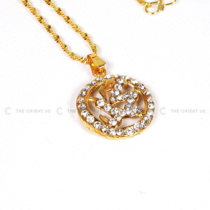 Gold Plated Muhammad Pendant Necklace Chain Islamic Muslim Diamonds 66cm