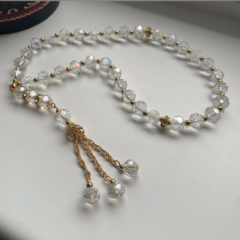 White Islamic Tasbih Crystal 33 Prayer Beads Tasbeeh Dangling Muslim