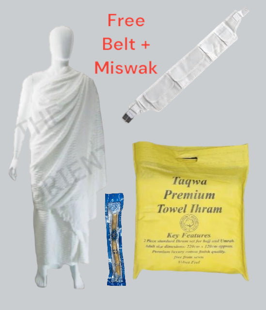 Adult Towel Ihram Taqwa Soft Cotton Cloth Hajj Umrah + Free Belt + Miswak