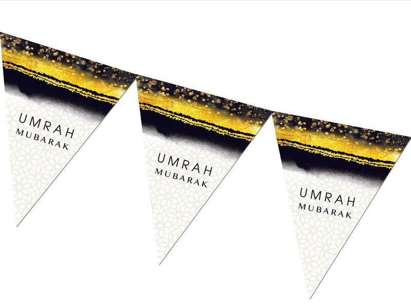 Umrah Mubarak 10 Banners Buntings Flags 2 Metres Decoration Double Sided Gold & Black