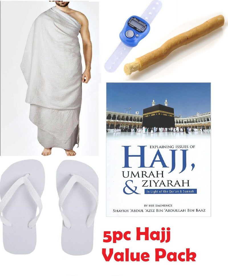 5pc Hajj Umrah Pack Kit Ihram Clothing Miswak Tasbih Slippers Book Adult Ehram