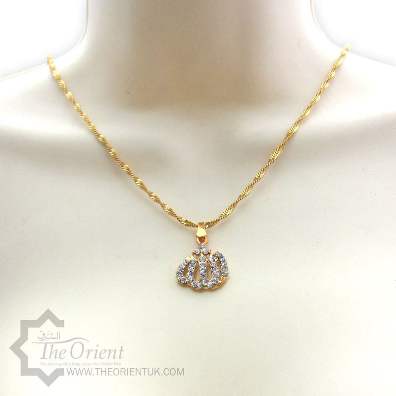 Gold Plated Allah Pendant Necklace Chain Islamic Jewellery Muslim Diamonds 64cm
