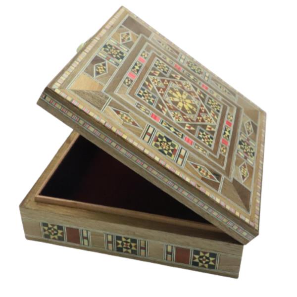 Engraved Wooden Mosaic Jewellery Trinket Box Gift Handmade Inlaid 20x20cm