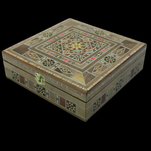Engraved Wooden Mosaic Jewellery Trinket Box Gift Handmade Inlaid 20x20cm