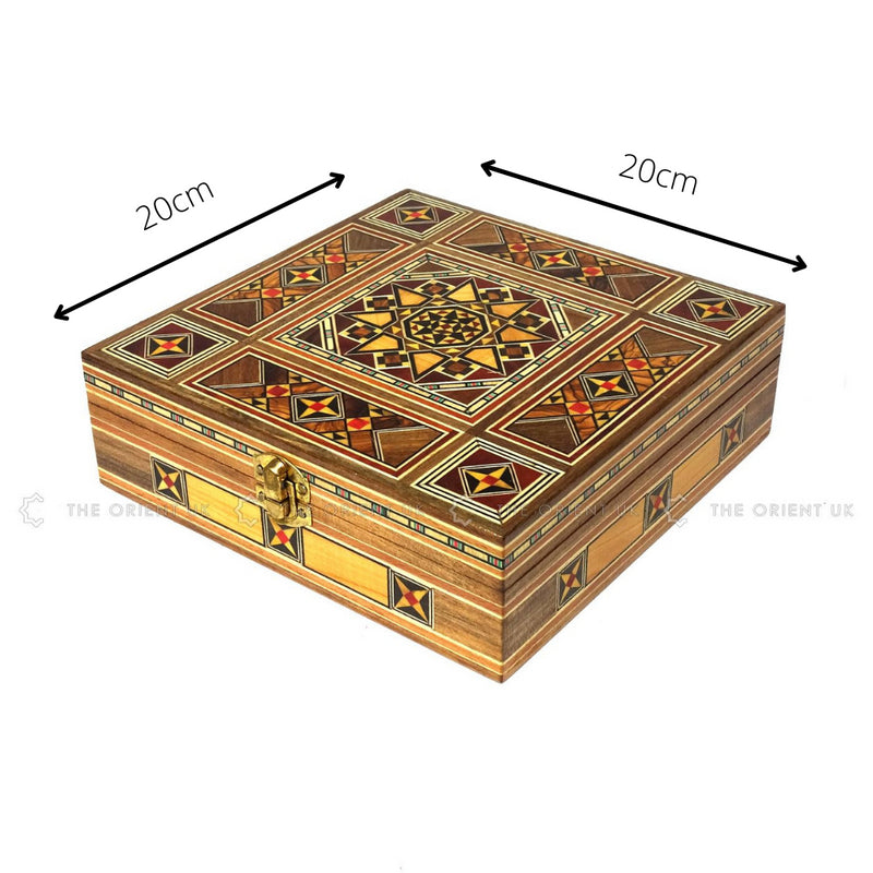 Engraved Wooden Mosaic Jewellery Trinket Box Gift Handmade Inlaid 20x20cm