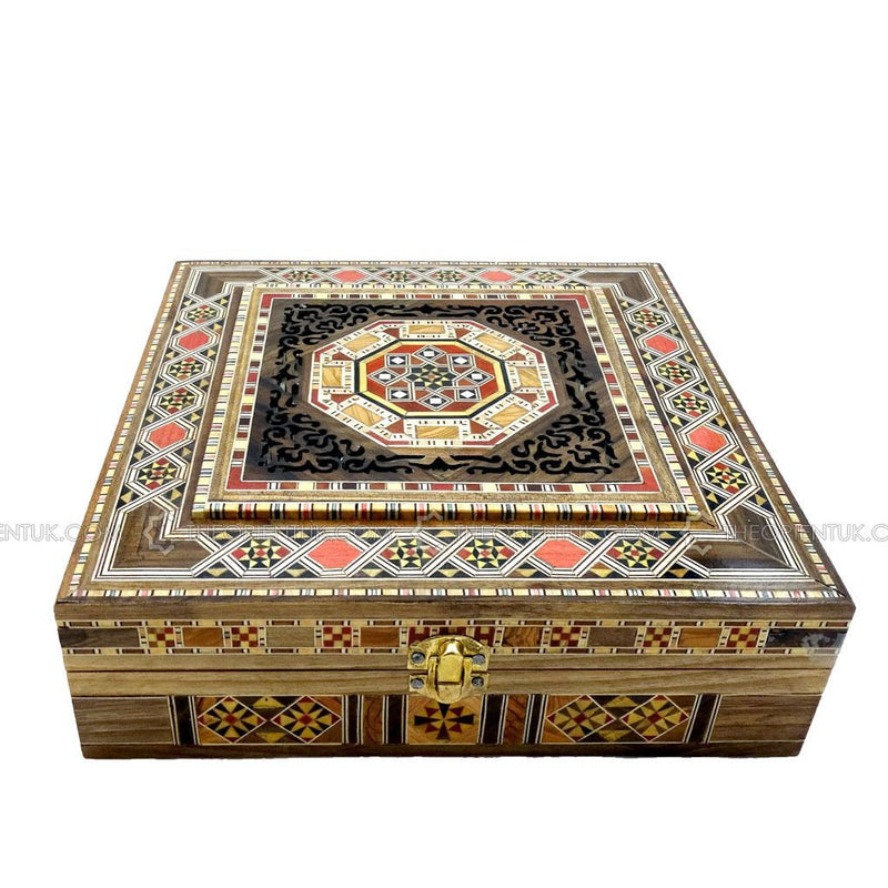 Engraved Wooden Mosaic Jewellery Trinket Box Gift Handmade Inlaid 25x25cm