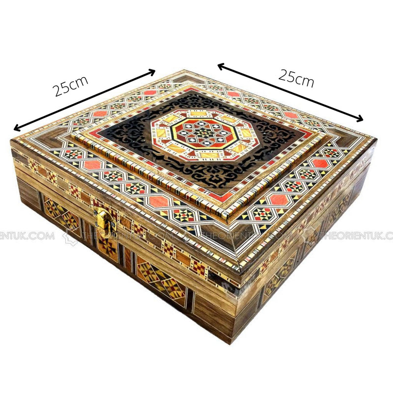 Engraved Wooden Mosaic Jewellery Trinket Box Gift Handmade Inlaid 25x25cm