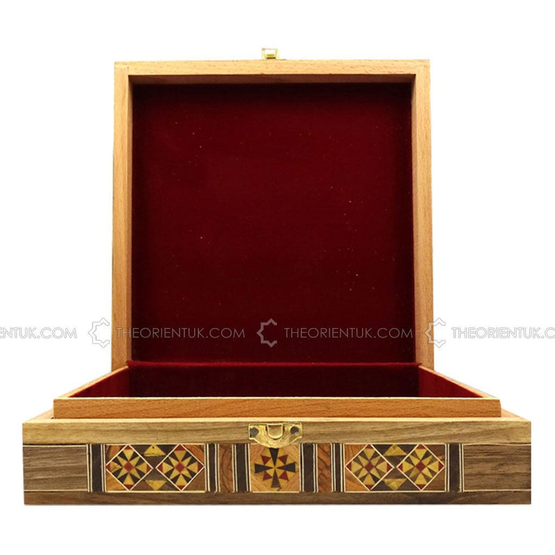 Engraved Wooden Mosaic Jewellery Trinket Box Gift Handmade Inlaid 25x25cm