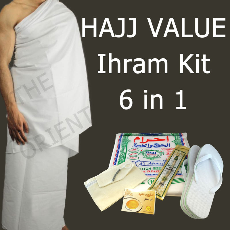 6pc Hajj Umrah Pack Kit Ihram Clothing Miswak Tasbih Slippers Belt Soap Adult