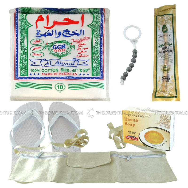 6pc Hajj Umrah Pack Kit Ihram Clothing Miswak Tasbih Slippers Belt Soap Adult