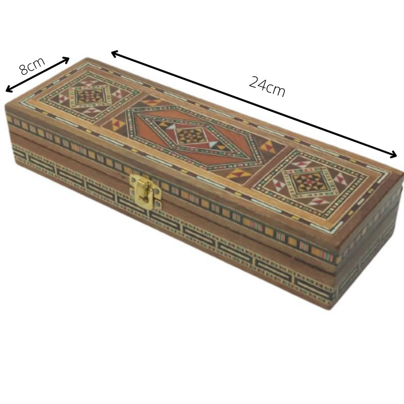 Rectangle Wooden Mosaic Jewellery Trinket Box Gift Handmade Inlaid 24x8cm