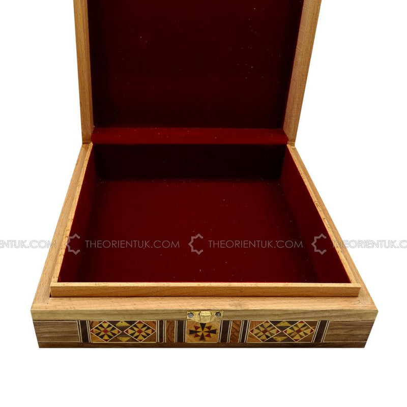 Engraved Wooden Mosaic Jewellery Trinket Box Gift Handmade Inlaid 25x25cm