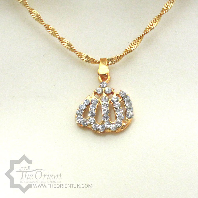 Gold Plated Allah Pendant Necklace Chain Islamic Jewellery Muslim Diamonds 64cm