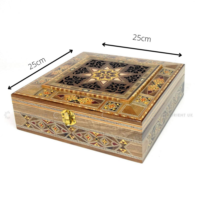 Engraved Wooden Mosaic Jewellery Trinket Box Gift Handmade Inlaid 25x25cm