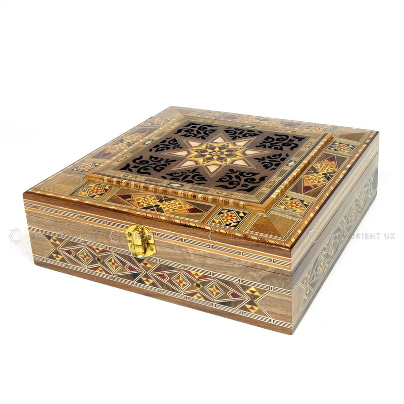 Engraved Wooden Mosaic Jewellery Trinket Box Gift Handmade Inlaid 25x25cm