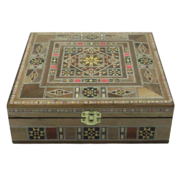 Engraved Wooden Mosaic Jewellery Trinket Box Gift Handmade Inlaid 20x20cm