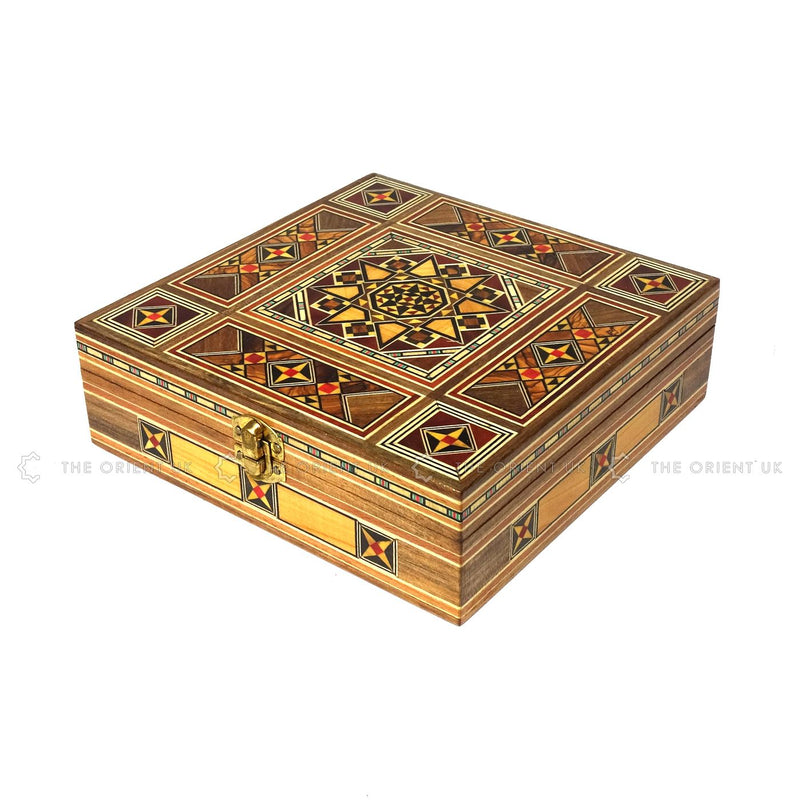 Engraved Wooden Mosaic Jewellery Trinket Box Gift Handmade Inlaid 20x20cm