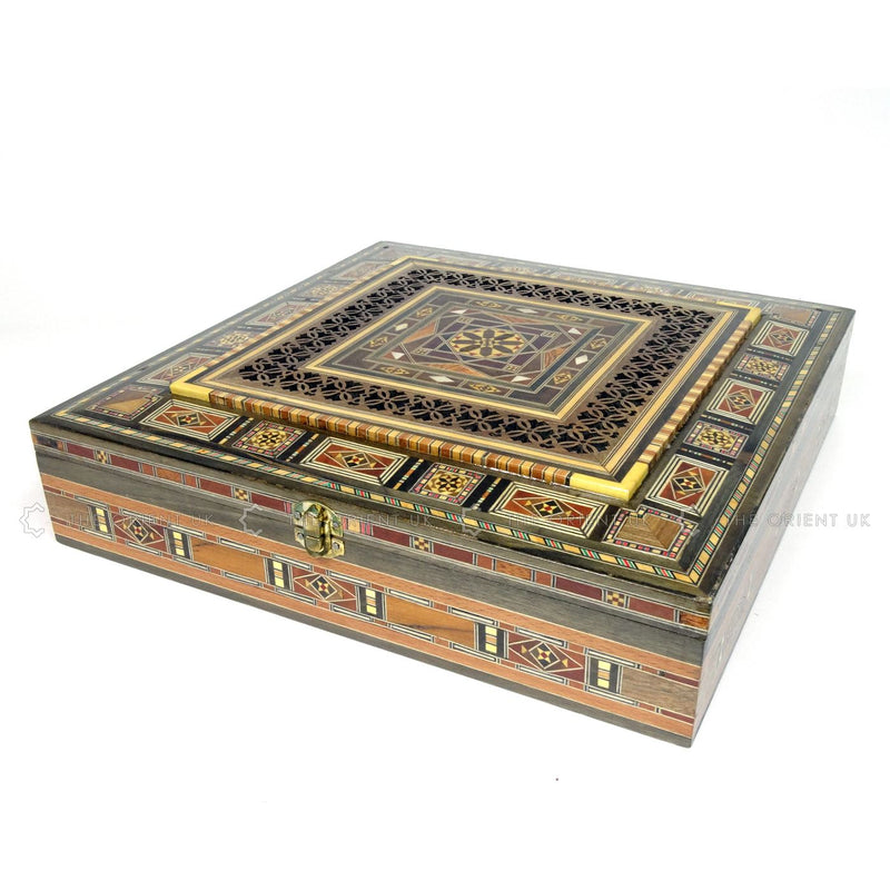 Engraved Wooden Mosaic Jewellery Trinket Box Gift Handmade Inlaid 35x35cm