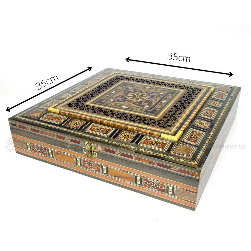 Engraved Wooden Mosaic Jewellery Trinket Box Gift Handmade Inlaid 35x35cm