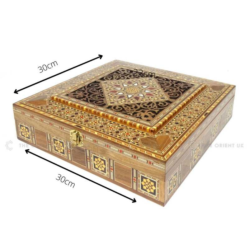 Large Square Handmade Engraved Inlaid Mosaic Wooden Trinket Box 30x30x7cm