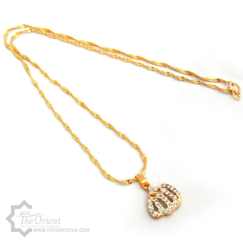 Gold Plated Allah Pendant Necklace Chain Islamic Jewellery Muslim Diamonds 64cm